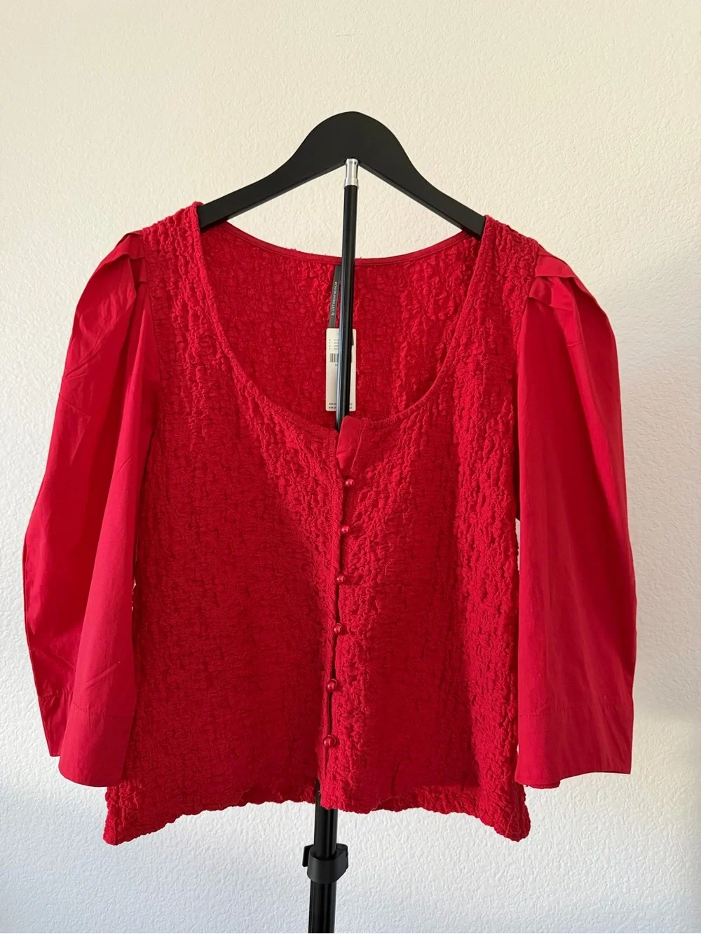 Anthropologie Coral-Red Puff-Sleeve Textured Button Front Top